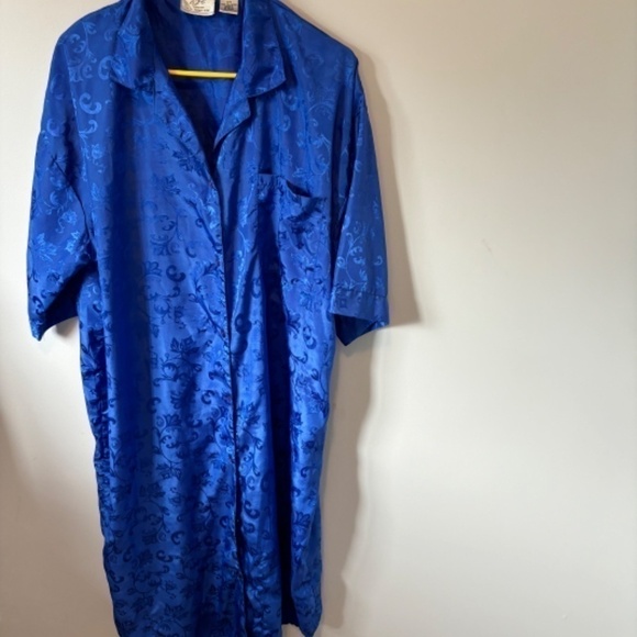 EJC Intimates, Vintage House Dress, Night Gown, Blue Floral Brocade, One Size - Picture 5 of 6